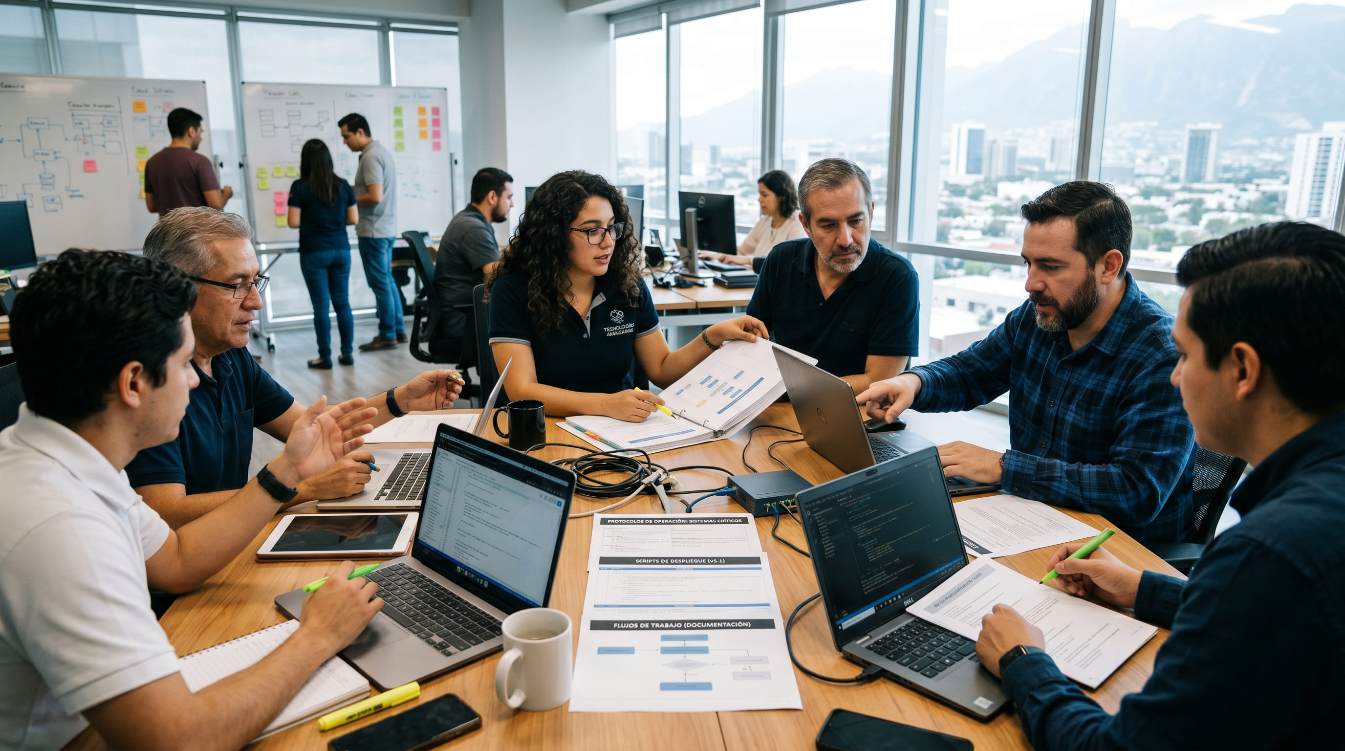 Equipo trabajando con scripts y protocolos en mesa de trabajo